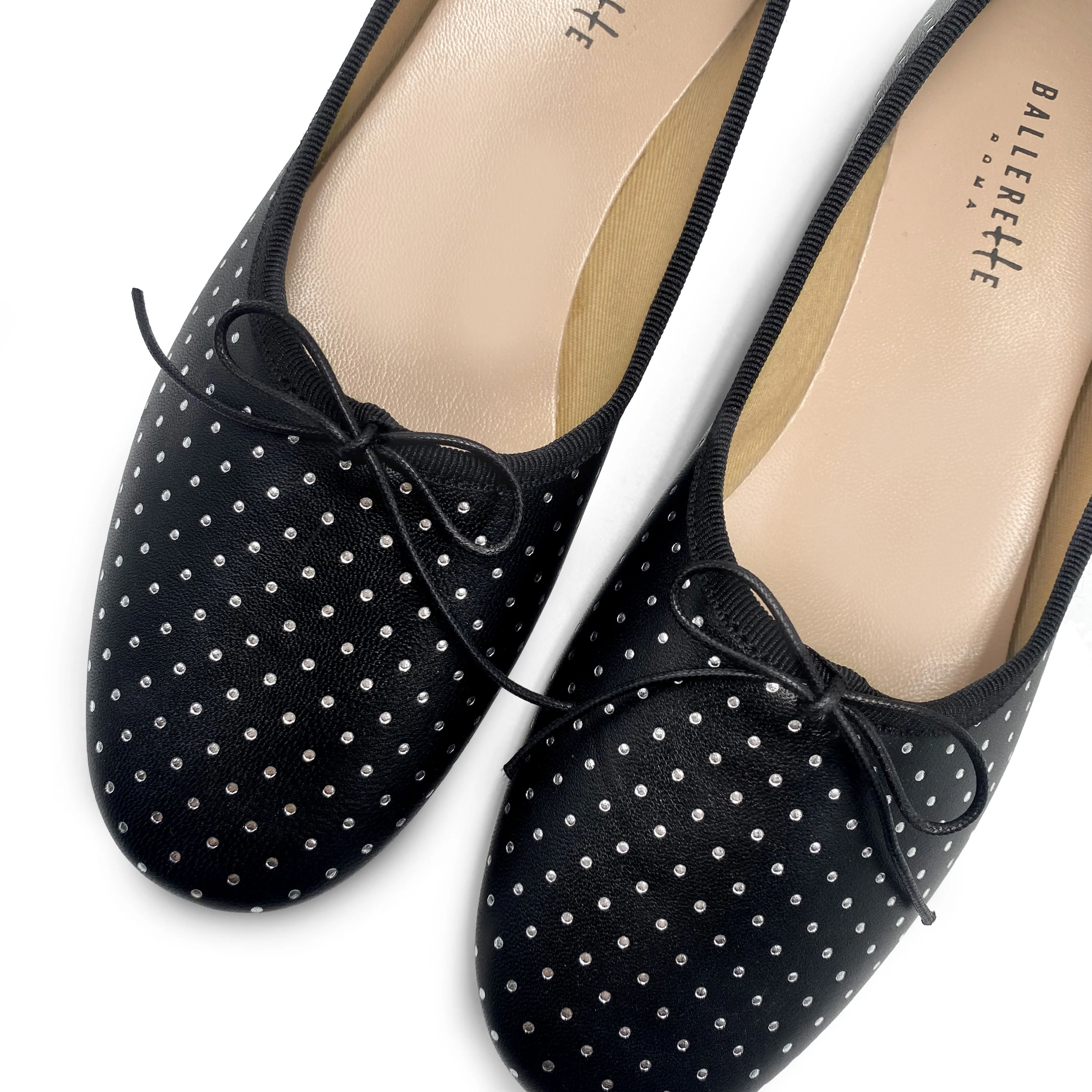 Ballerine accollate nere in pelle con micro pois argento - Image 4