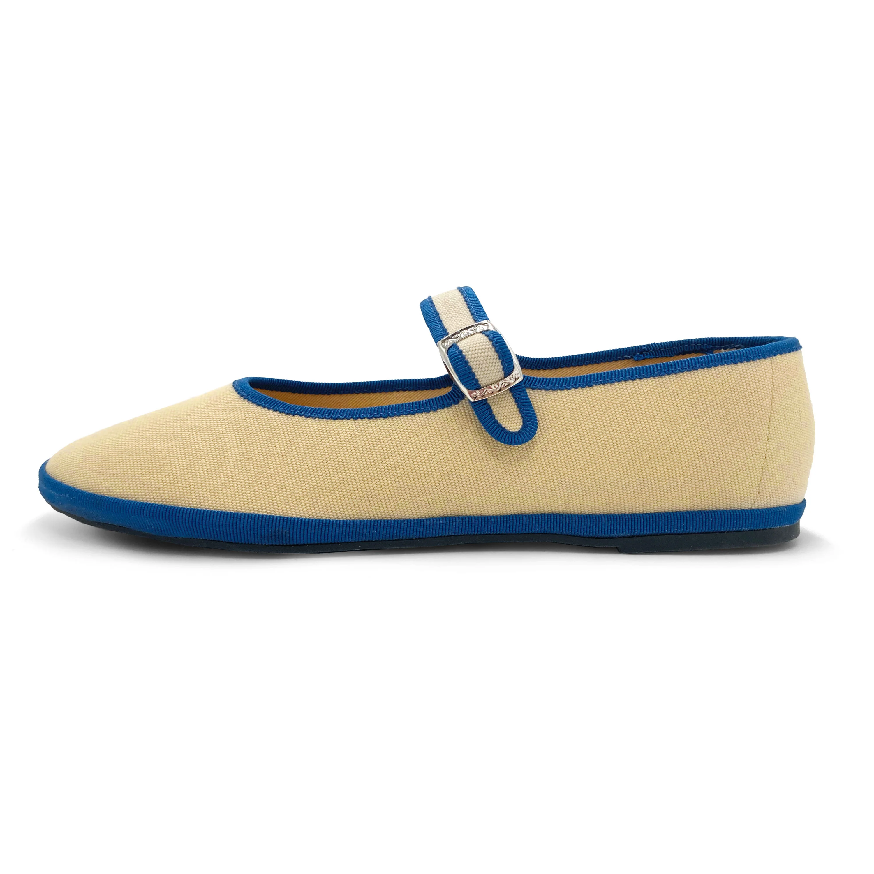 Ballerine friulane Mary Jane in cotone beige e dettagli blu - Image 4