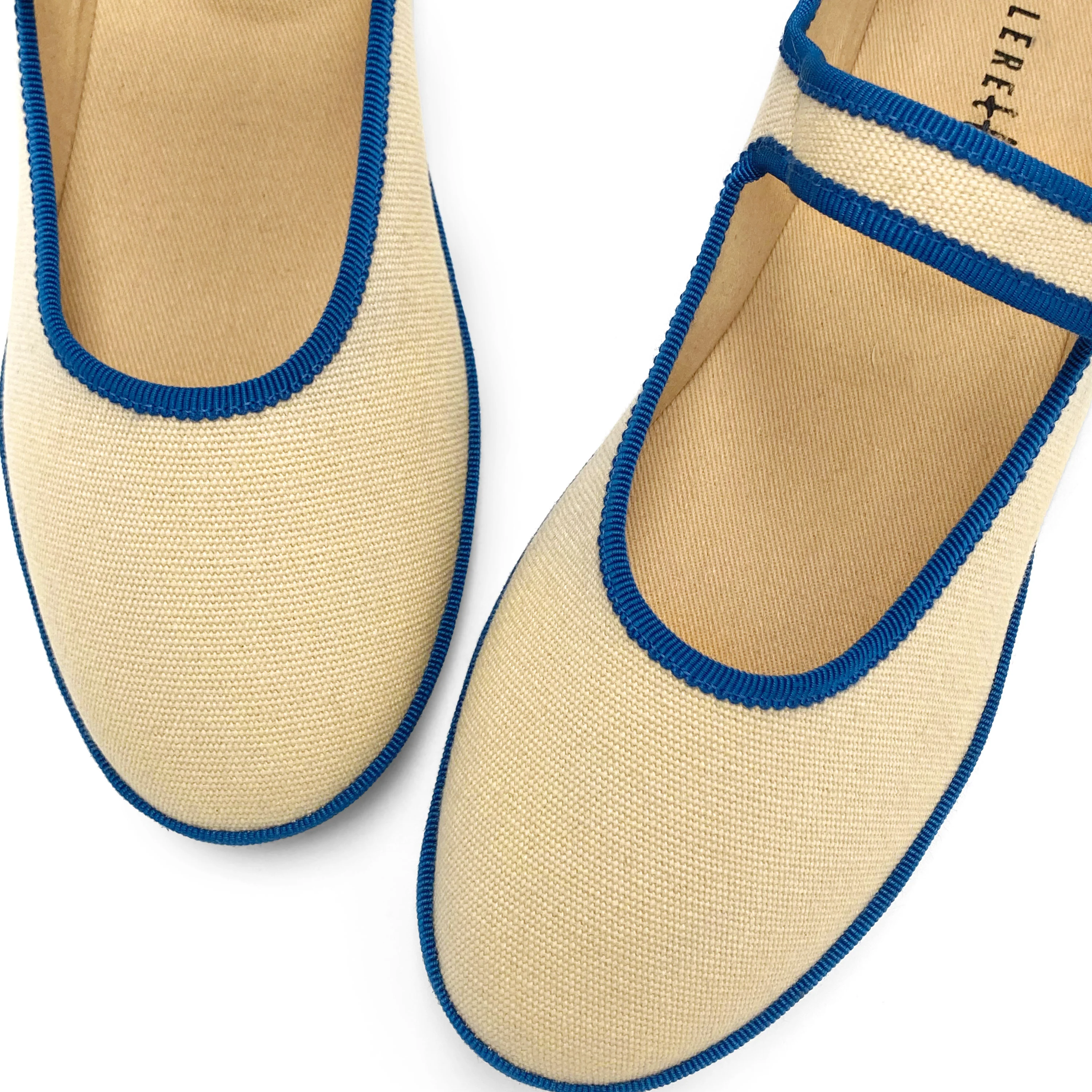 Ballerine friulane Mary Jane in cotone beige e dettagli blu - Image 5
