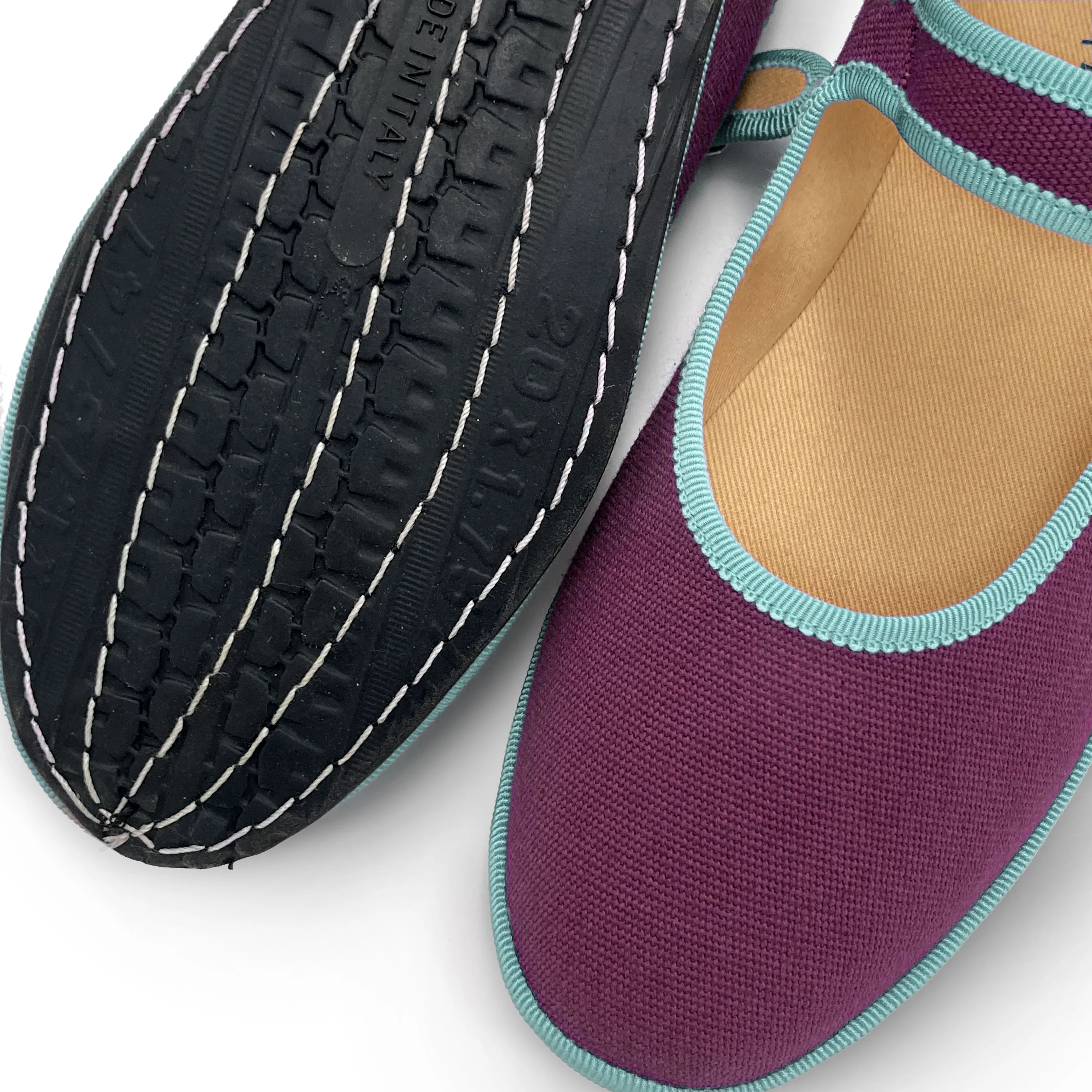 Ballerine friulane Mary Jane in cotone viola e dettagli celesti - Image 3