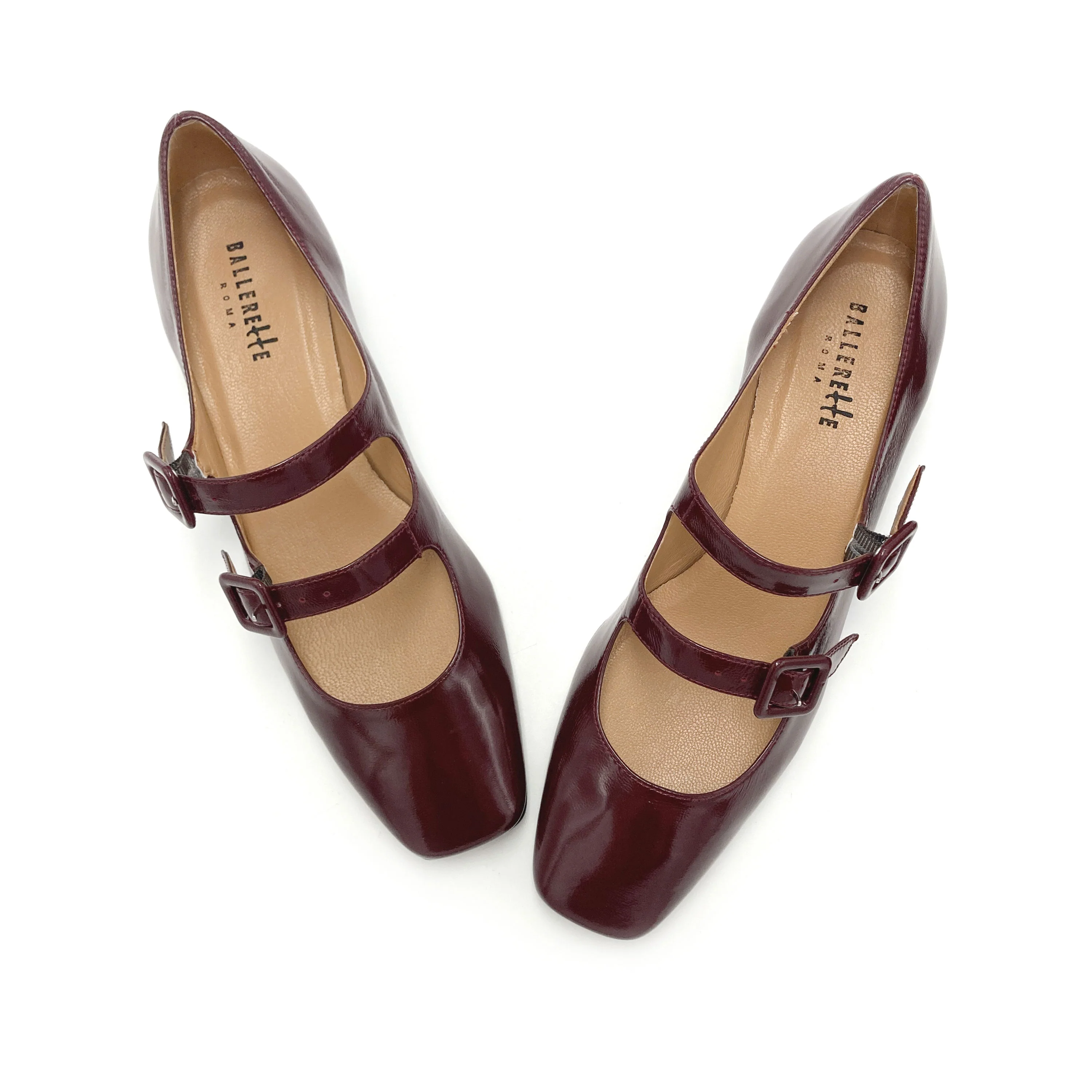 Ballerine Mary Jane bordeaux lucide con tacco e punta quadrata - Image 5