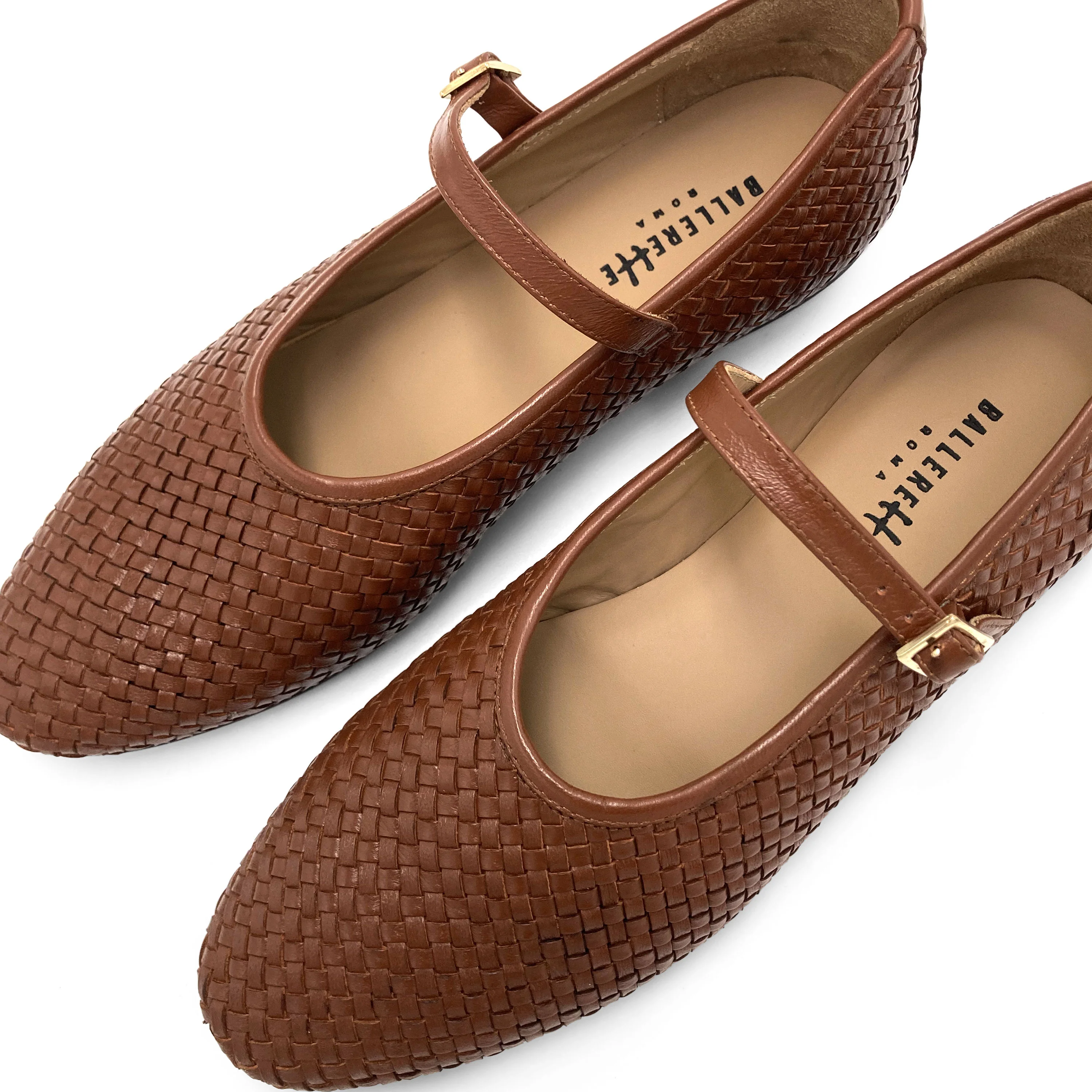 Ballerine Mary Jane marroni accollate in pelle intrecciata a mano e cinturino - Image 4