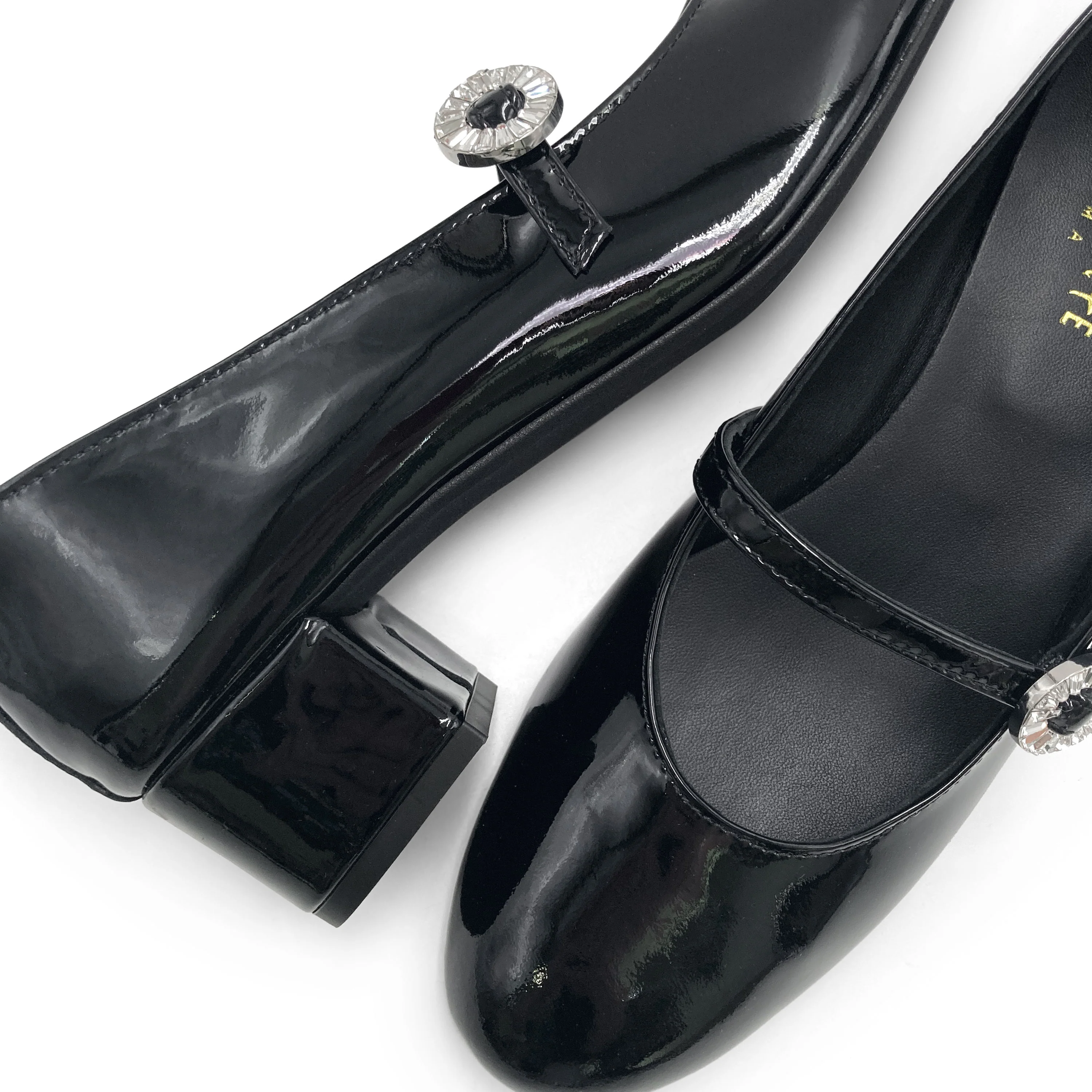 Ballerine Mary Jane nere in vernice con tacco e cinturino gioiello - Image 3
