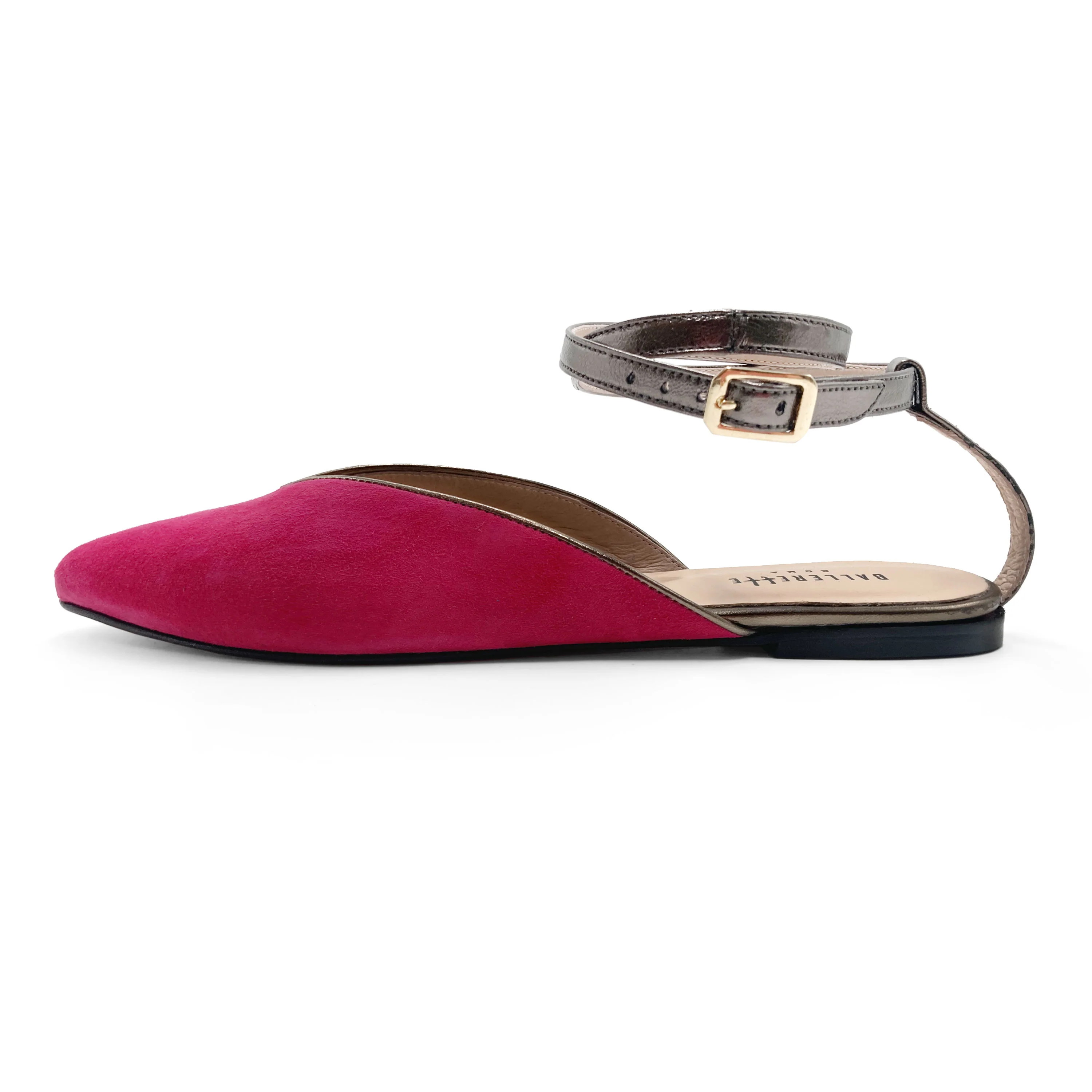 Scarpe mule estive in camoscio fucsia con laccio canna di fucile alla caviglia - Image 3