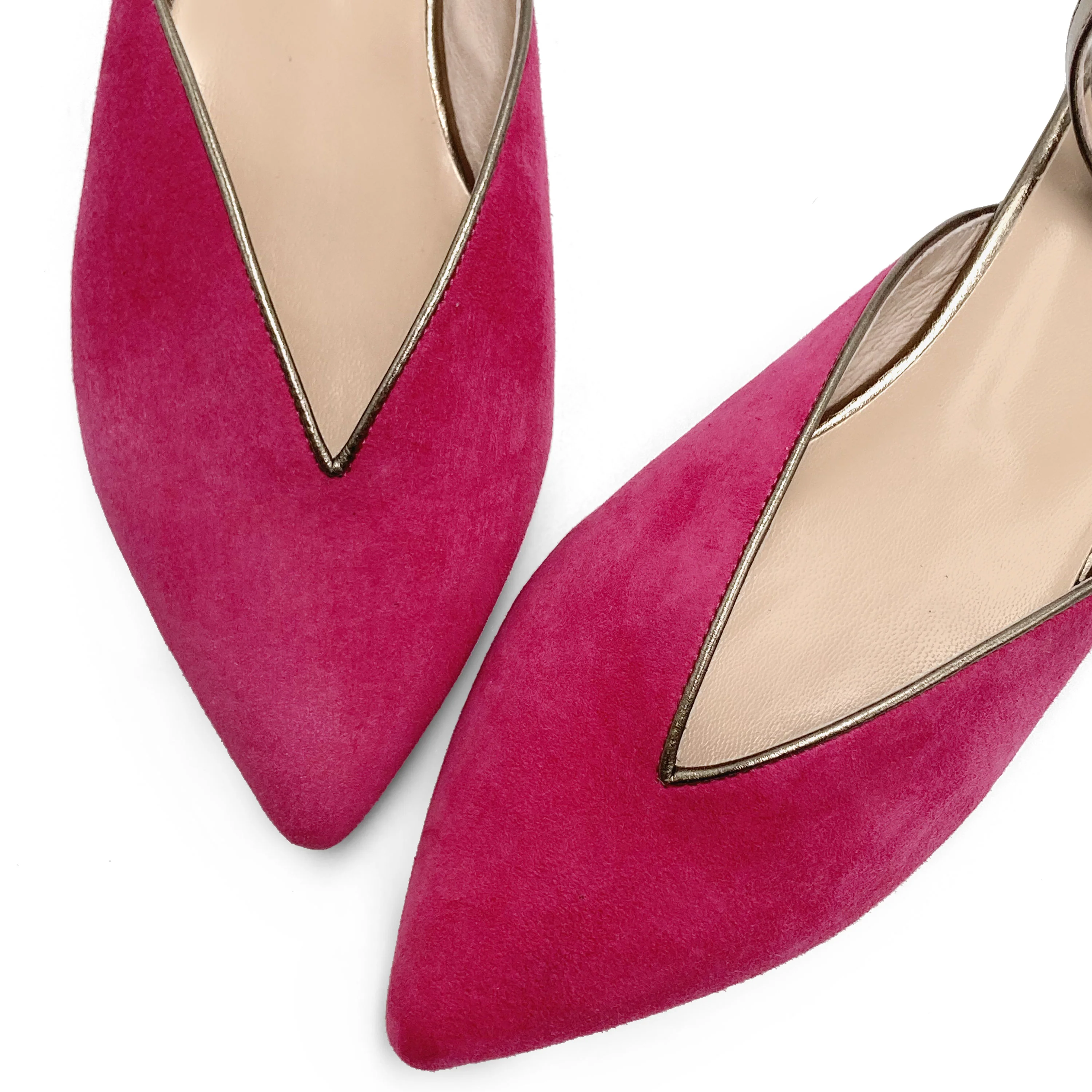 Scarpe mule estive in camoscio fucsia con laccio canna di fucile alla caviglia - Image 4